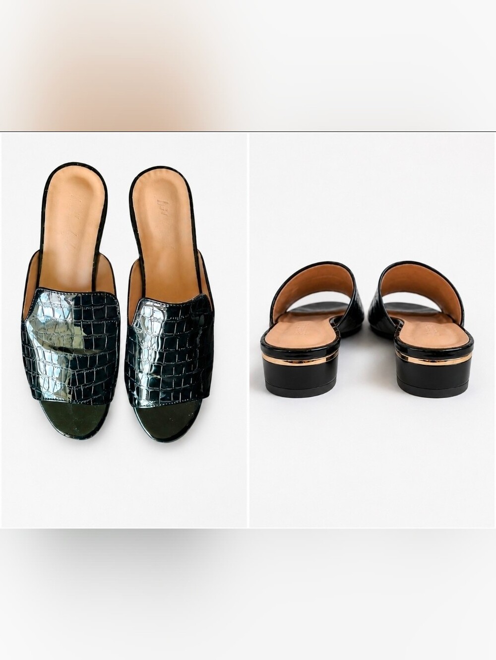 Croc-Embossed Black Slide Sandals with Gold Heel
